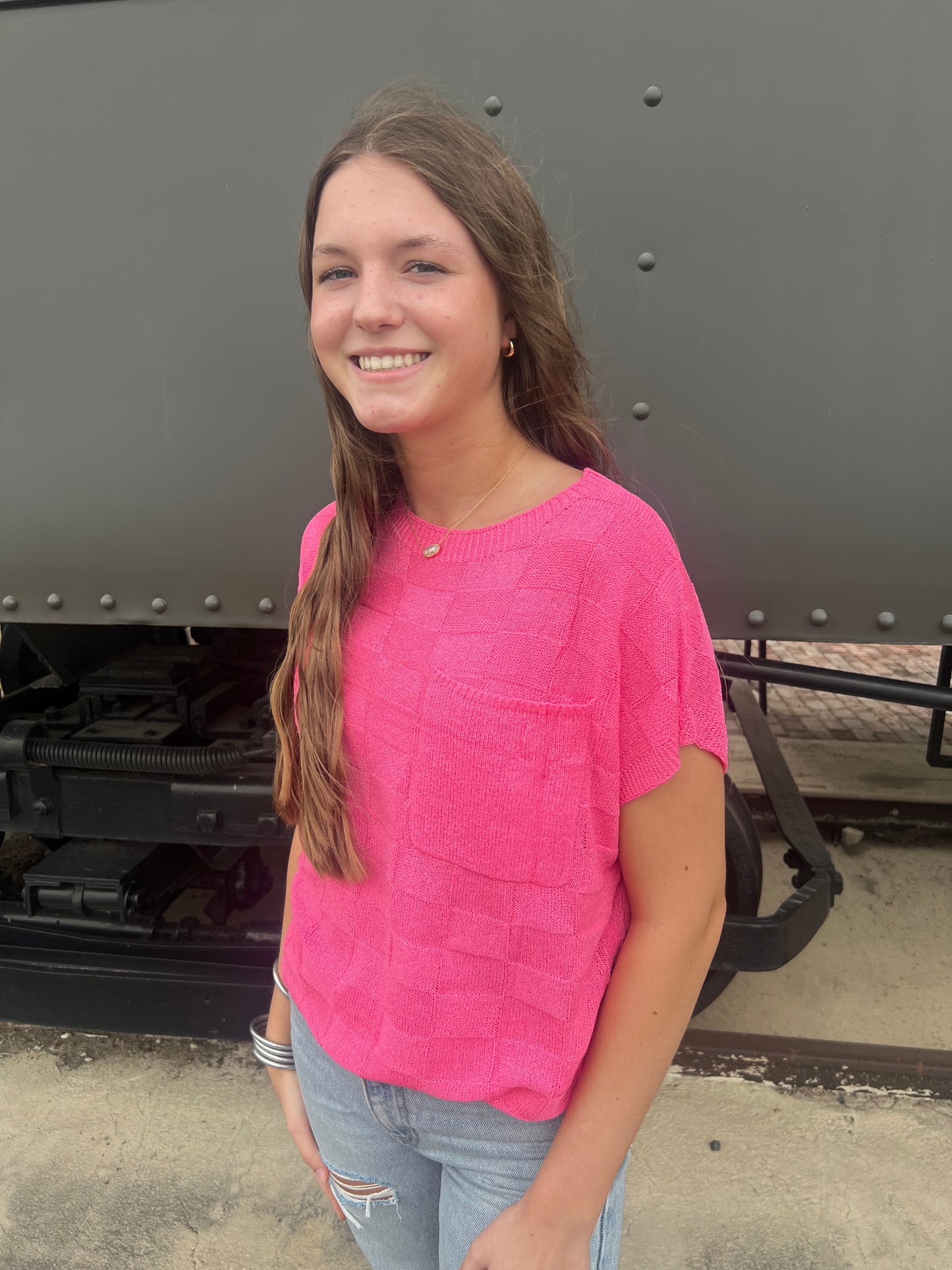 Bright Pink Knit Short Sleeve Sweater