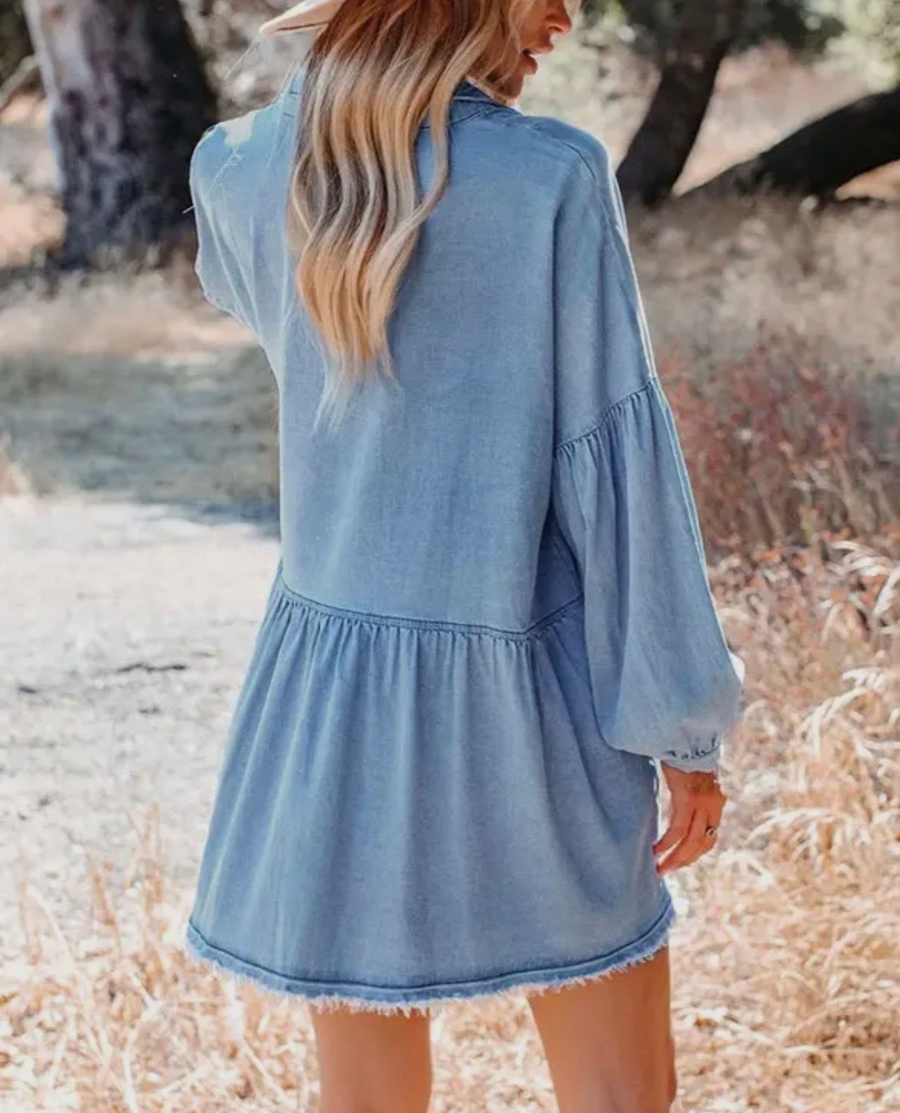 Balloon Sleeve Lightweight Denim Shirt Mini Dress