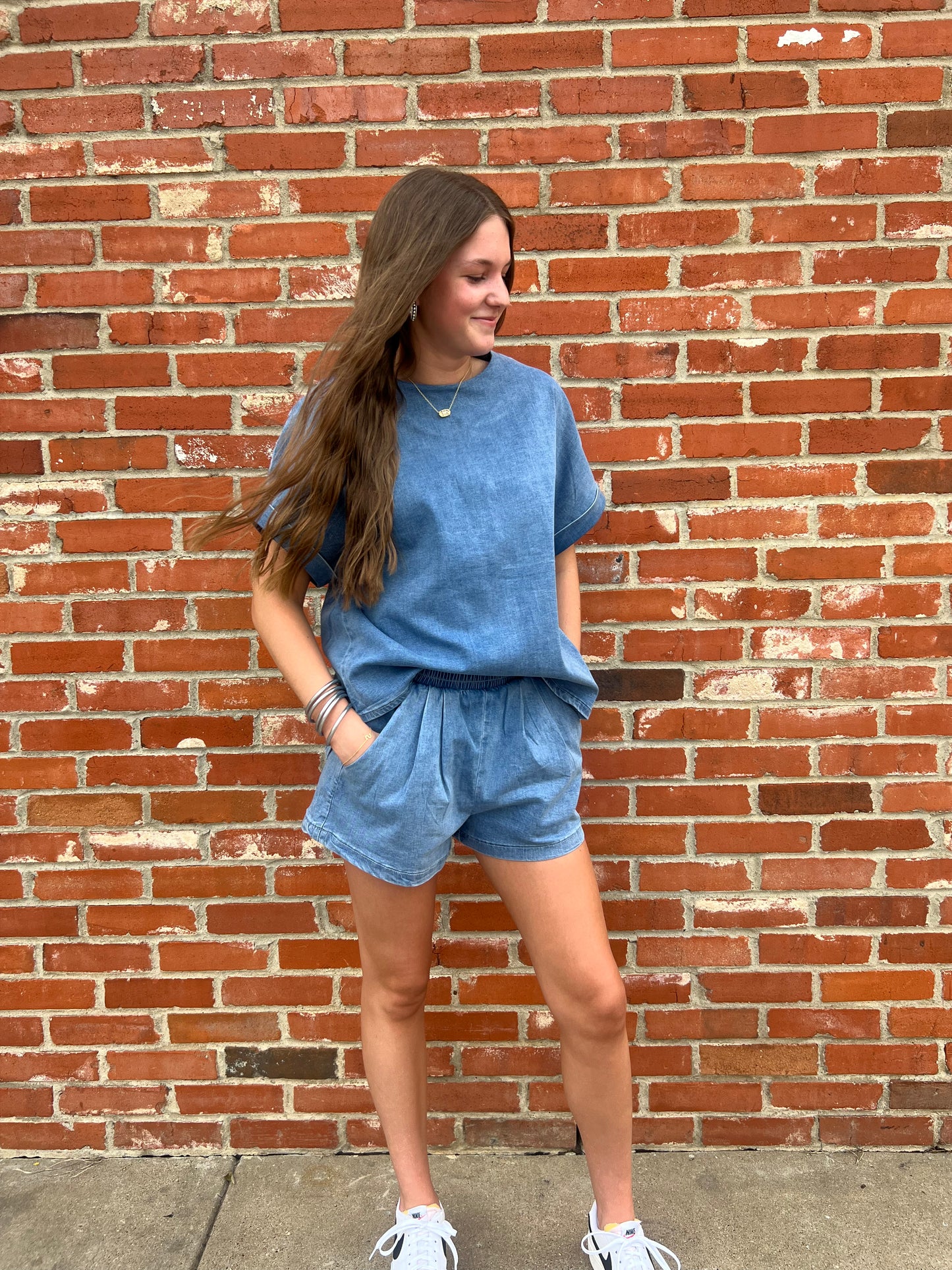 Light Blue Denim Cuffed Sleeve Shorts set