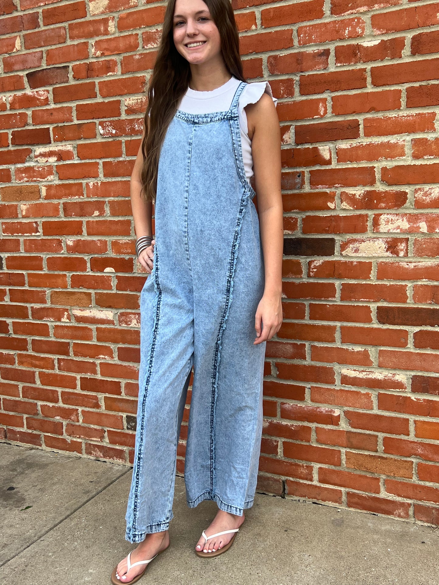 Blue Light Wash frayed Wide leg Denim Overall